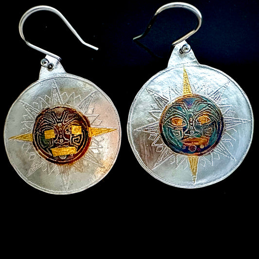Etched Silver and Gold Sun Face Earrings