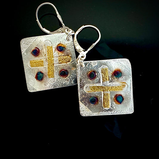 Cross and Dots Etched Silver And Gold Earrings