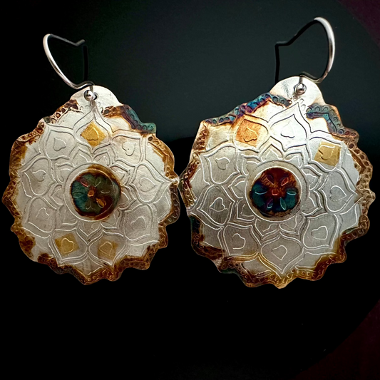 Etched Floral Hearts Earrings Silver And Gold