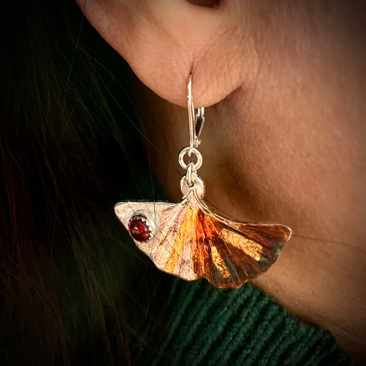 Ginkgo Leaf Earrings With Ruby like Garnet