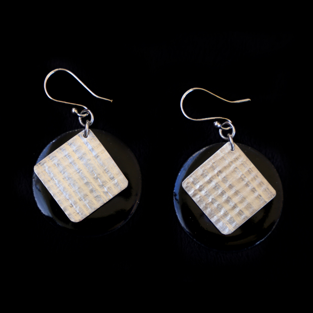 Earrings Enameled Black With Textured Sterling Silver 2 Sided - HIMANI SILVER JEWELRY