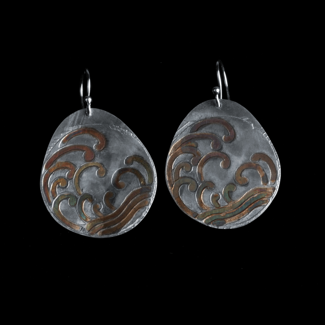 Etched Japanese Wave Pattern Sterling Silver Earrings - HIMANI SILVER JEWELRY