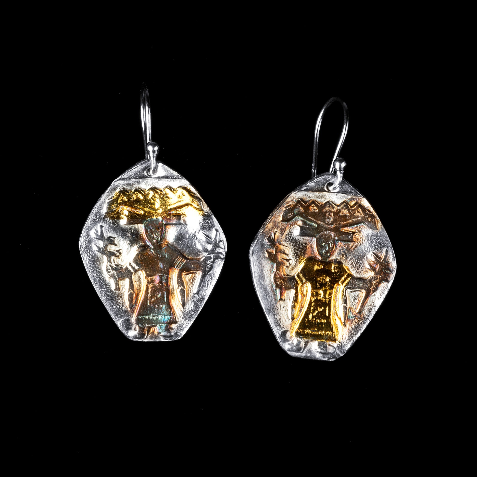 Mayan Man Earrings 999 Silver and Gold - HIMANI SILVER JEWELRY