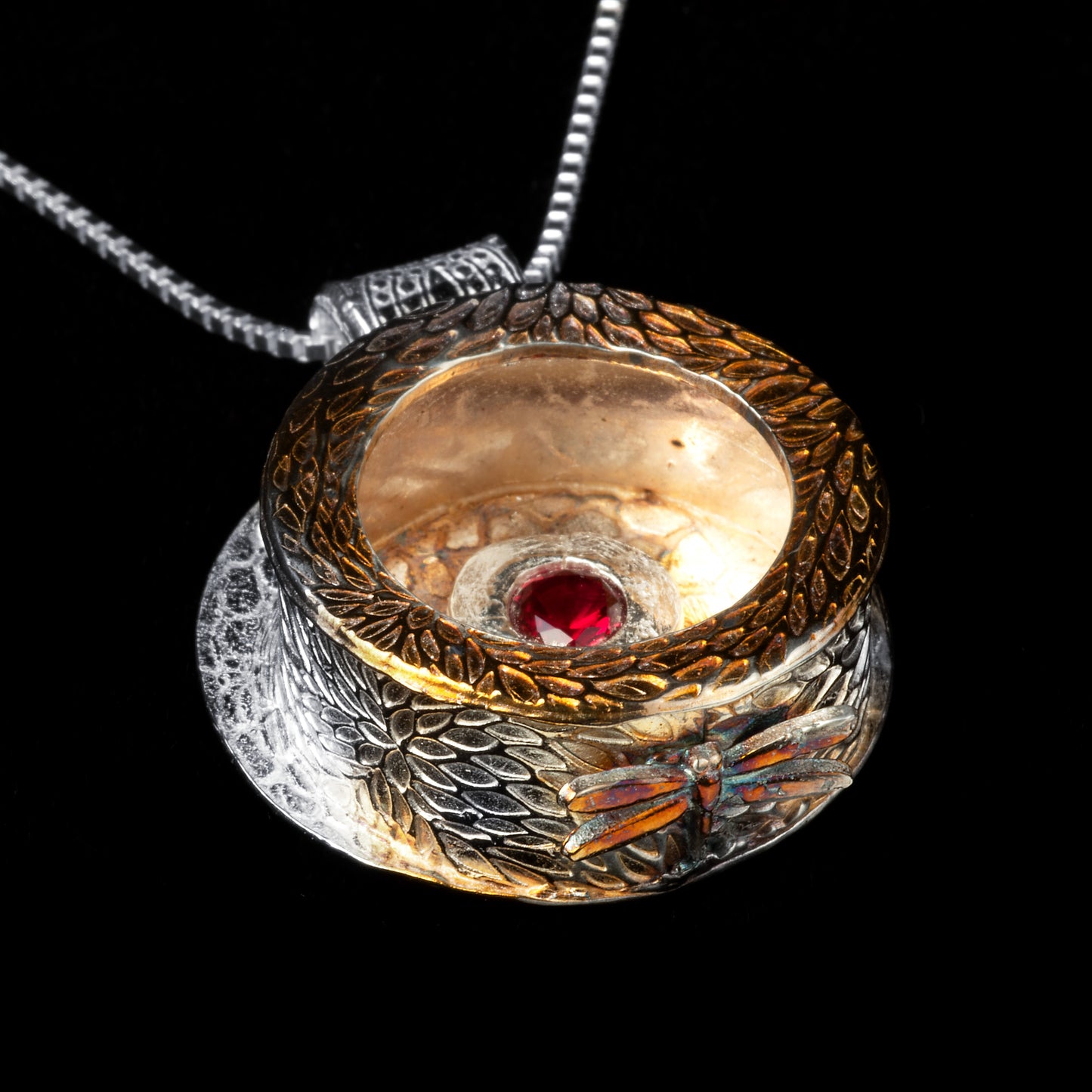 Chrysanthemum Box Pendant With Red Lab Ruby And Dragonfly - HIMANI SILVER JEWELRY