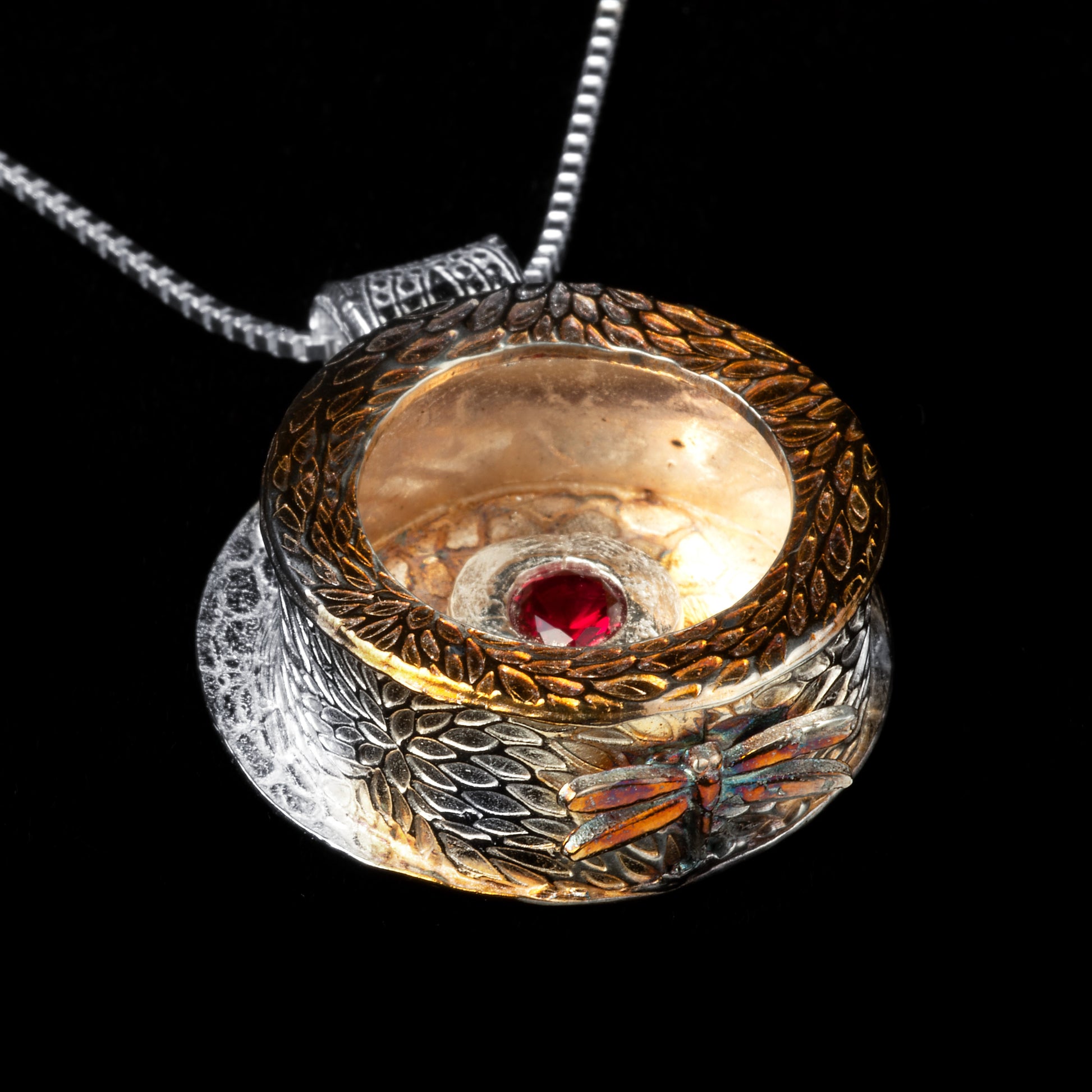 Chrysanthemum Box Pendant With Red Lab Ruby And Dragonfly - HIMANI SILVER JEWELRY
