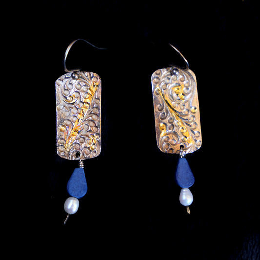 Lapis And Pearl Dangles On Grape Vine Texture - HIMANI SILVER JEWELRY