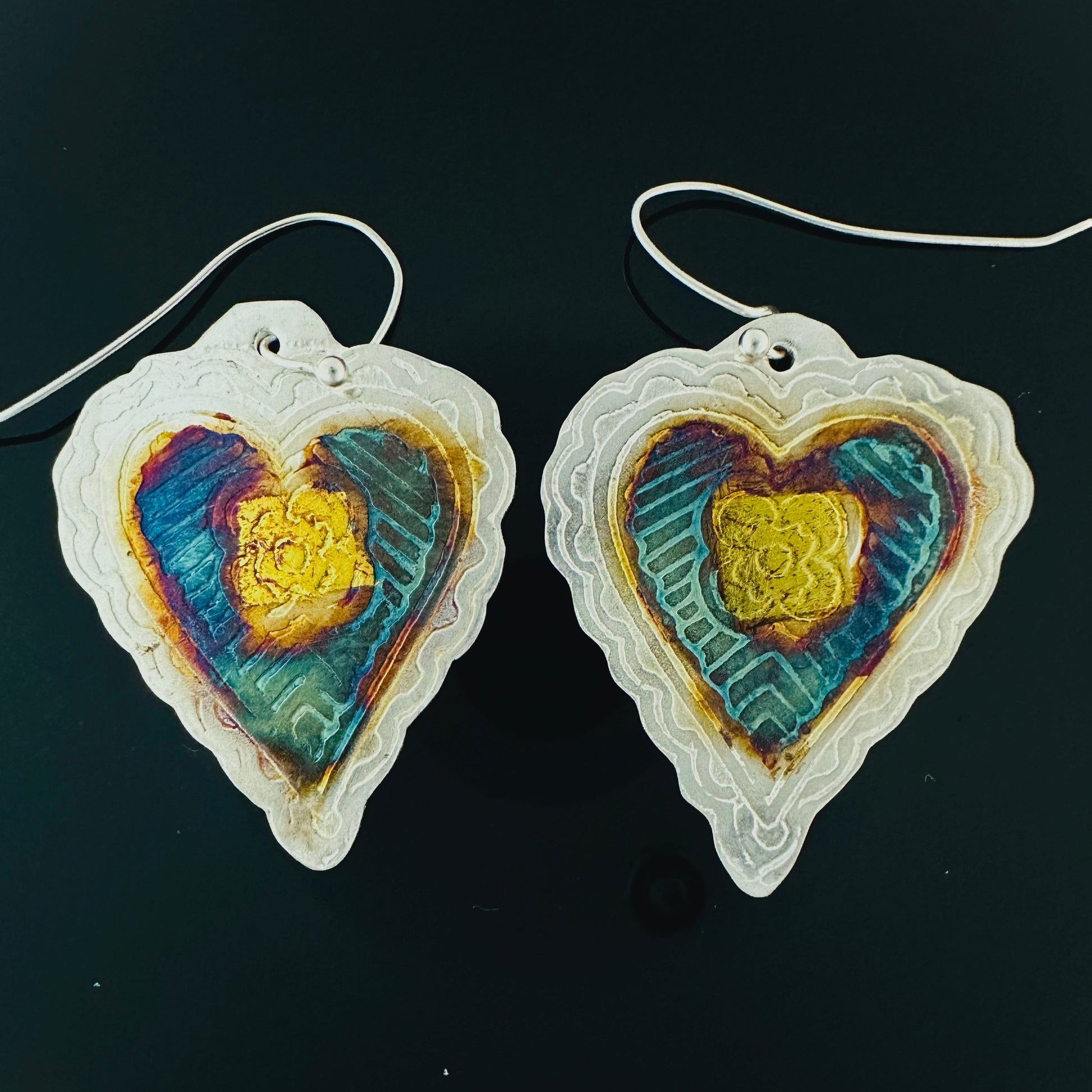 Earrings Etched Silver And Gold Hearts - HIMANI SILVER JEWELRY