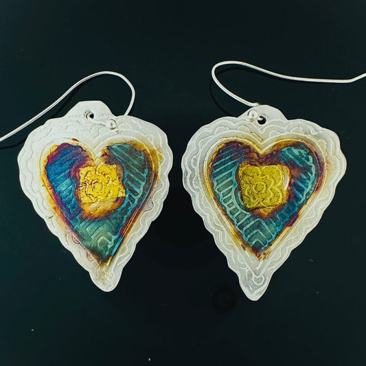 Earrings Etched Silver And Gold Hearts - HIMANI SILVER JEWELRY