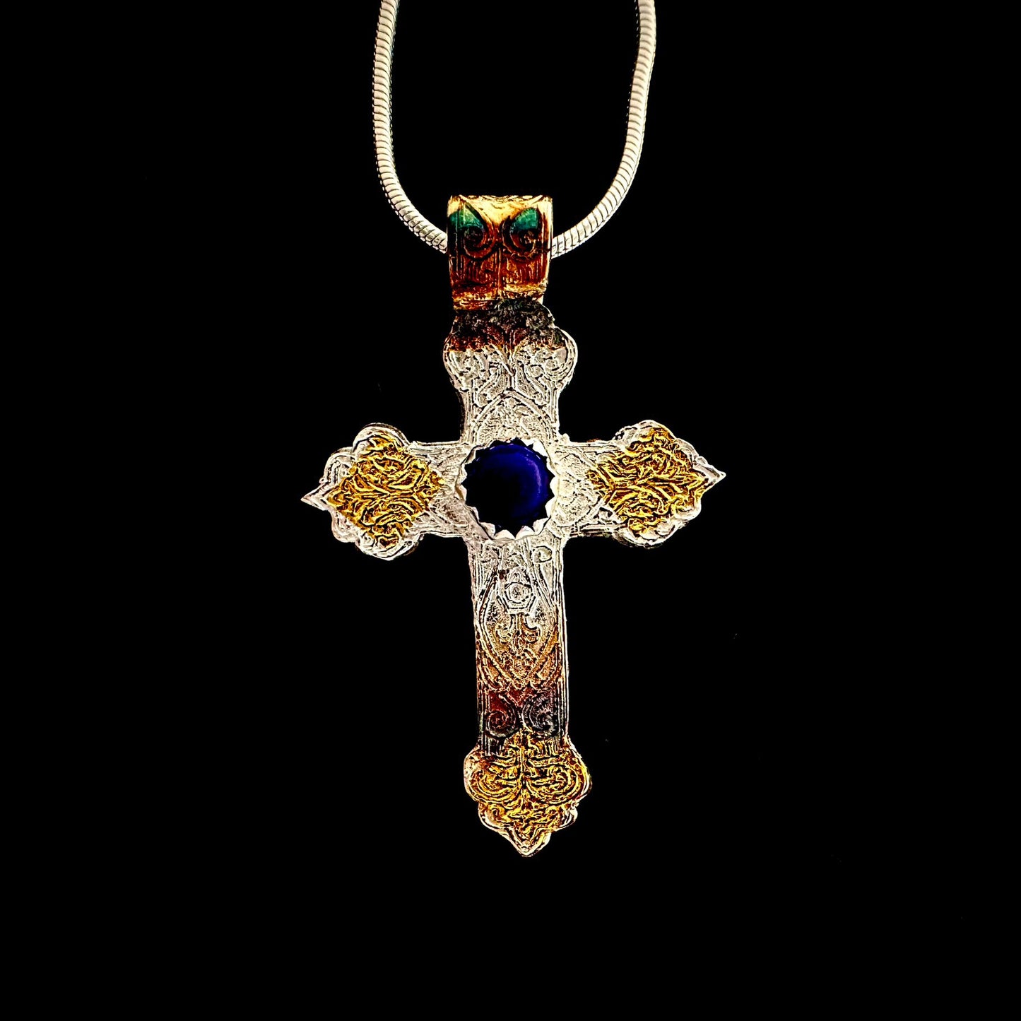 Silver And Gold Cross With Lapis Lazuli