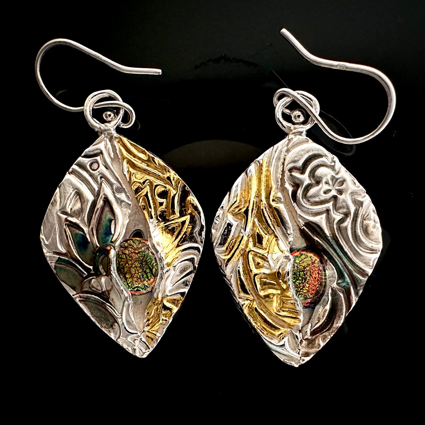 Earrings Multicolored Dichroic Glass In Silver and Gold