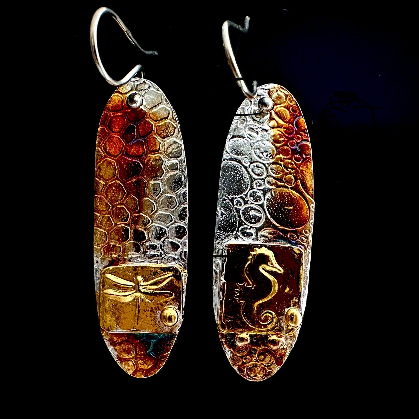 Earrings Dragonfly And Seahorse Silver And Gold