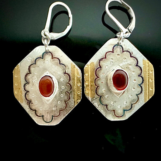 Carnelian Silver And Gold Earrings