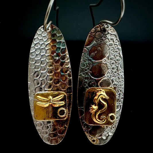 Earrings Dragonfly And Seahorse Silver And Gold