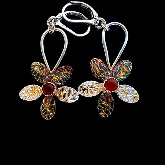 Flower Earrings With Carnelian Center