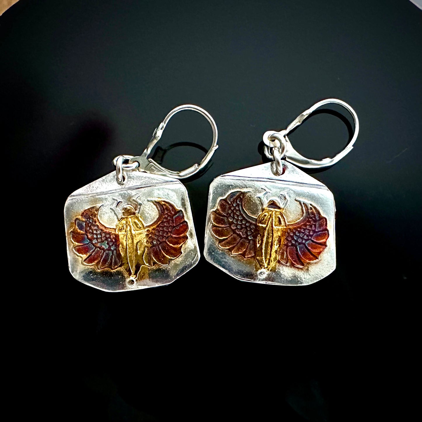 Winged Egyptian Scarab Silver And Gold Earrings