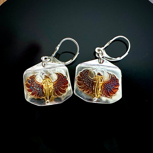 Winged Egyptian Scarab Silver And Gold Earrings