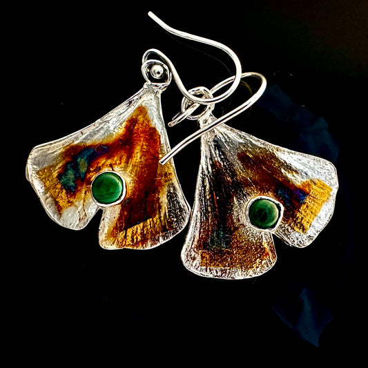 Ginkgo Earrings with Malachite Stone