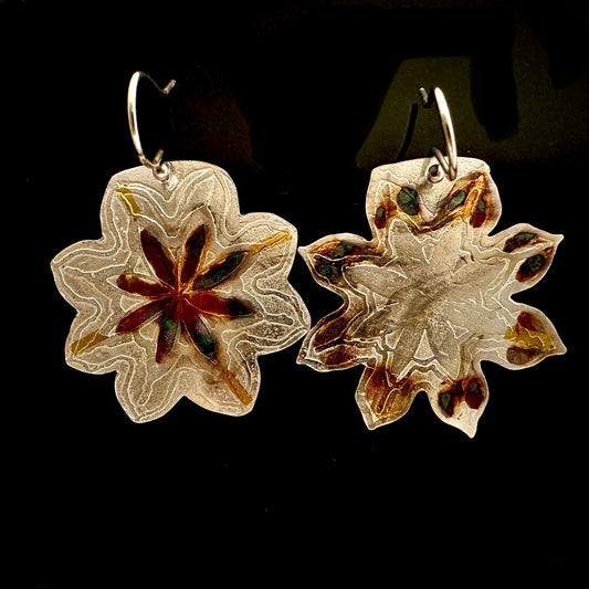 Etched Flower Earrings with Gold and Patina