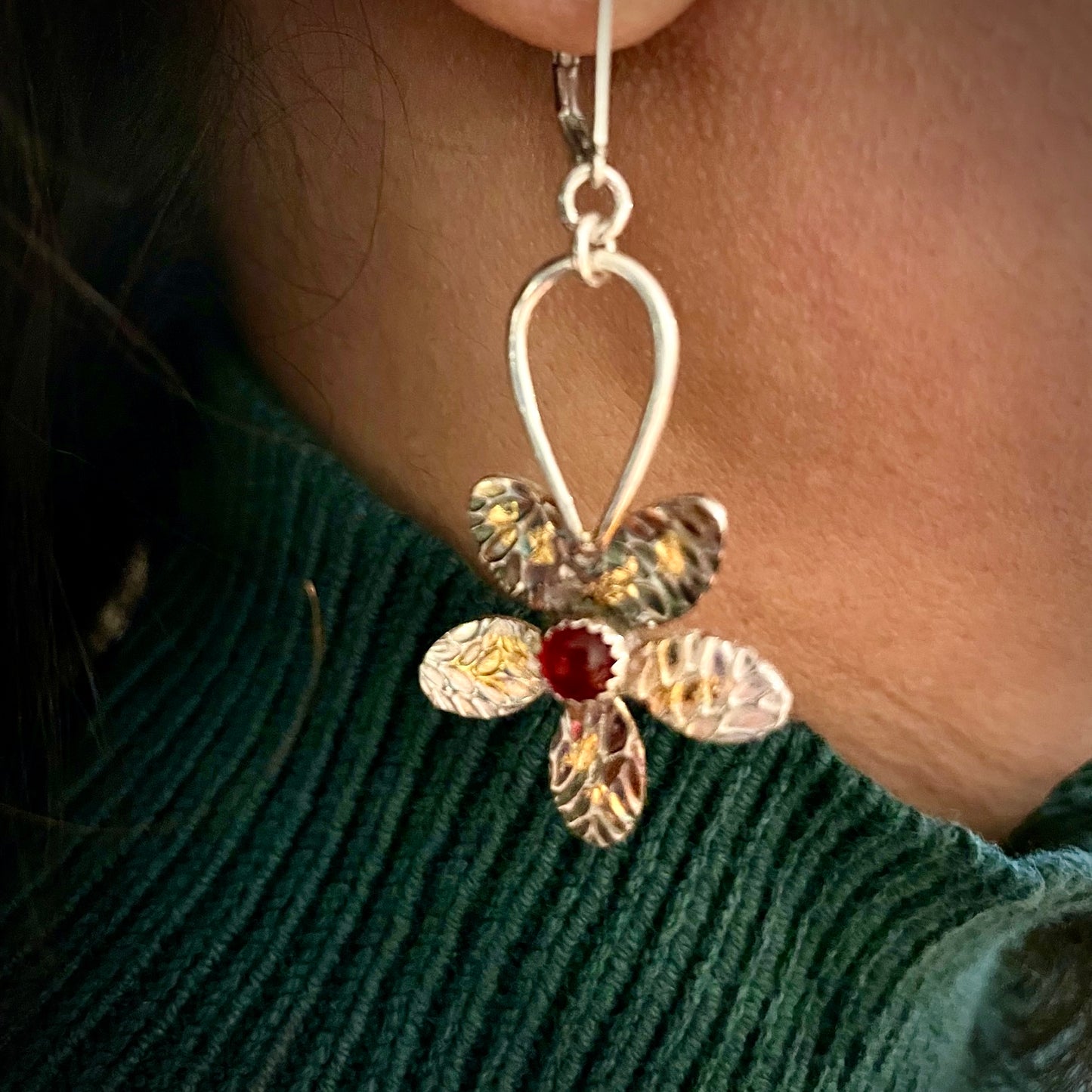 Flower Earrings With Carnelian Center