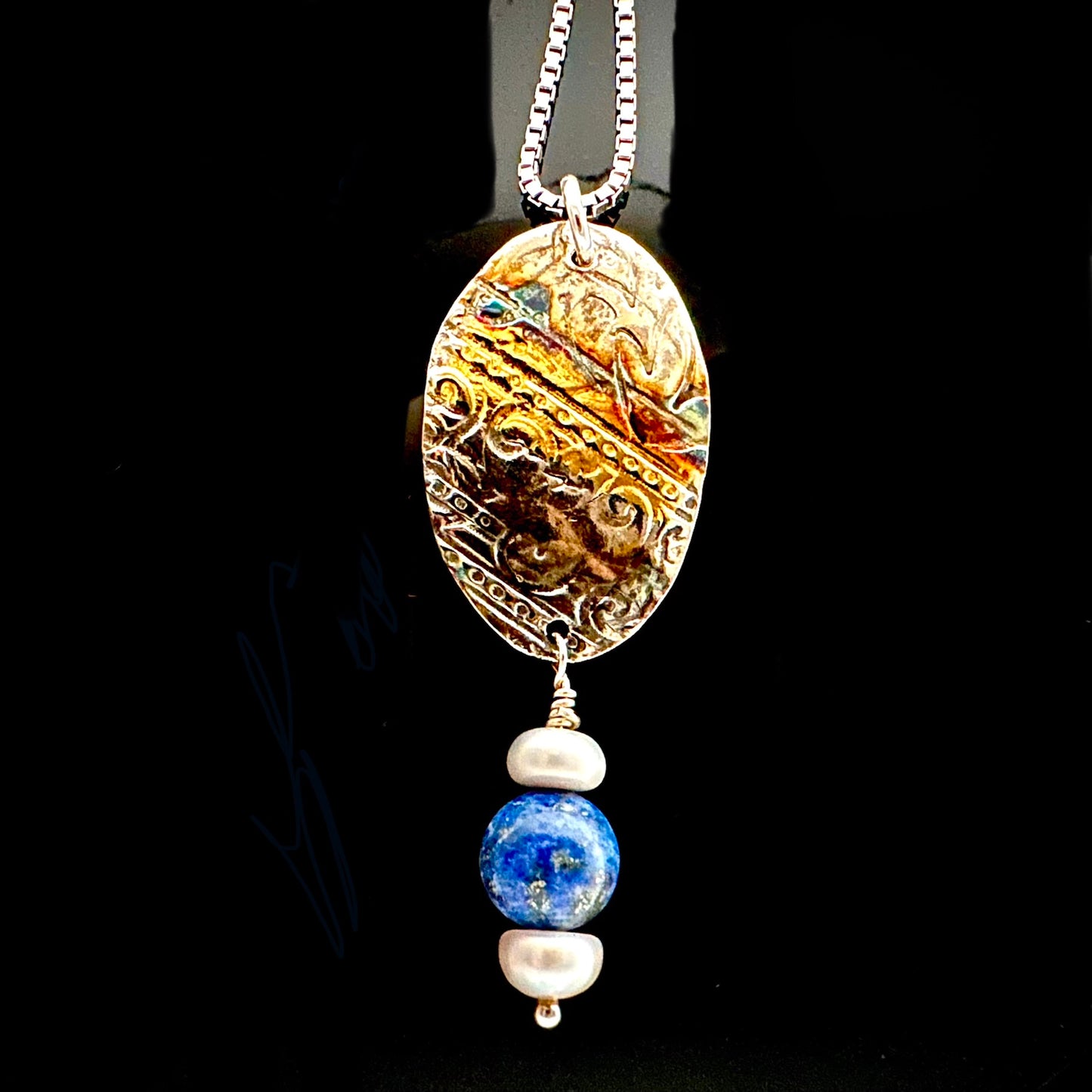 Pendant With Dangle Of Grey Pearls and Lapis