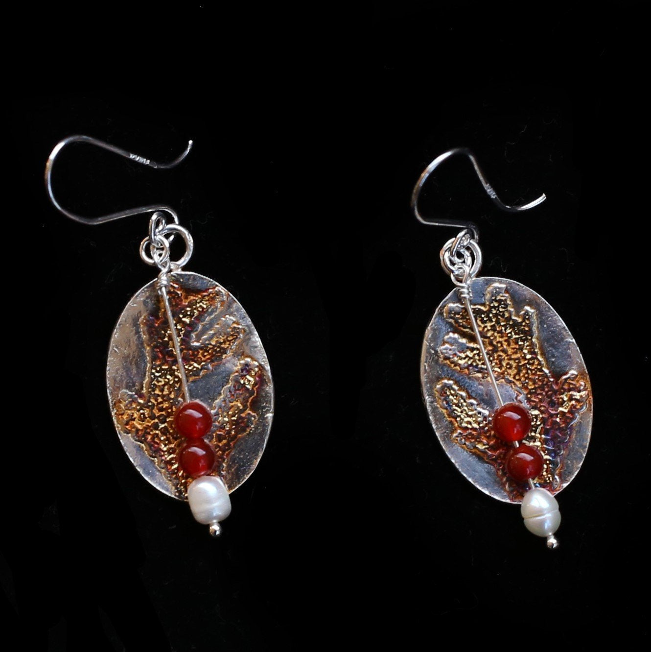 Coral Pattern Textured Earrings with Pearl and Carnelian Beads - HIMANI SILVER JEWELRY