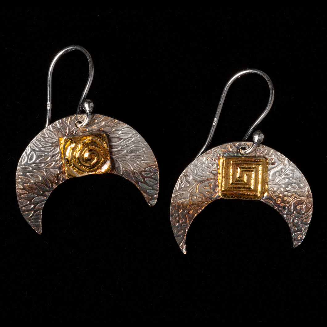 Pure Silver Crescent Earrings With Gold Foil Patterned Squares