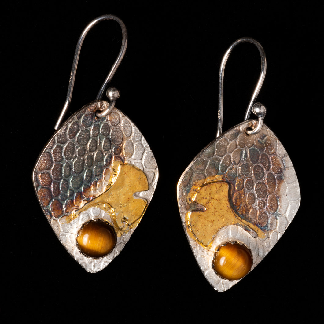 Tiger Eye Earrings With Ginkgo Leaf Pattern And Pebble Texture