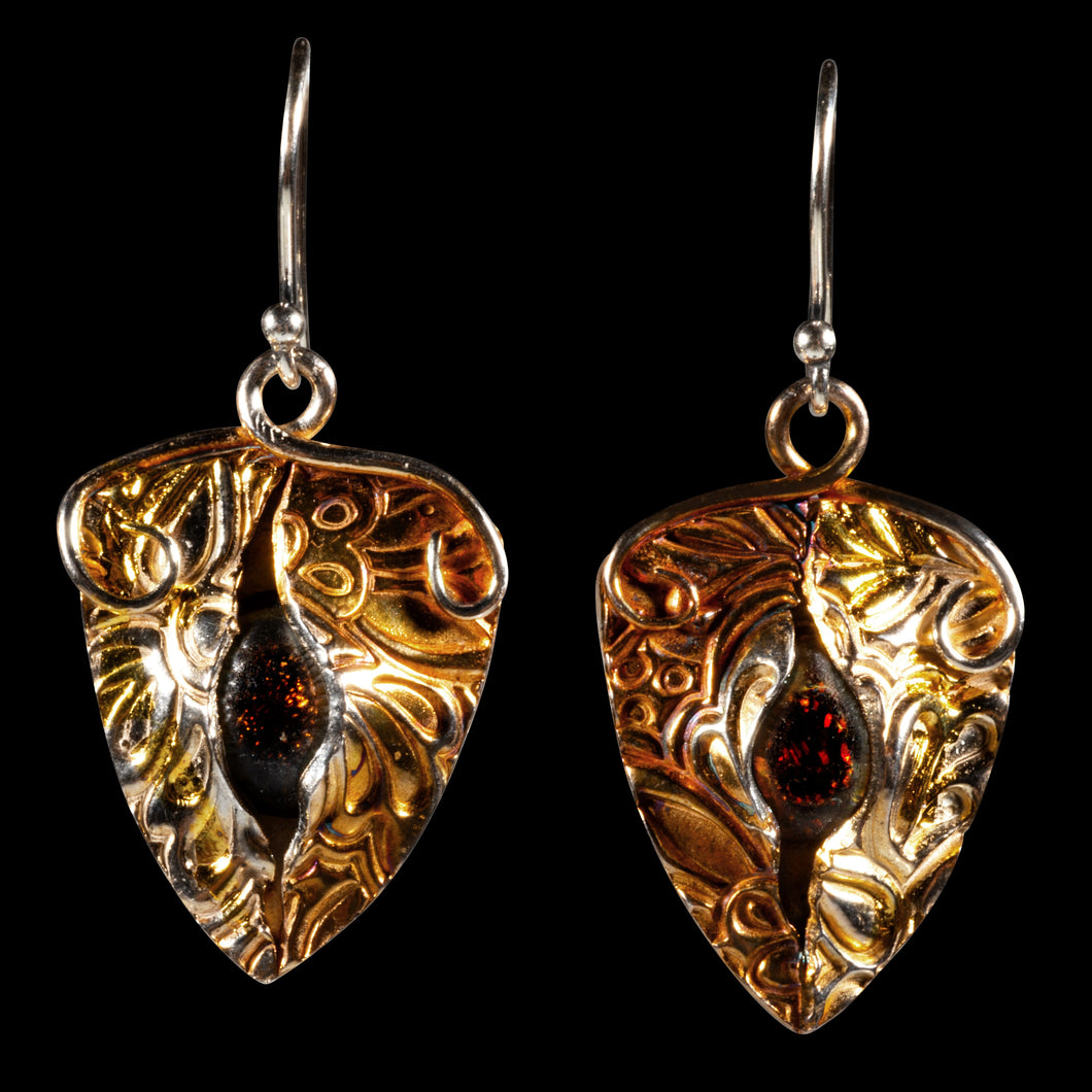 Earrings pure silver/ 24K Gold foil with red dichroic glass
