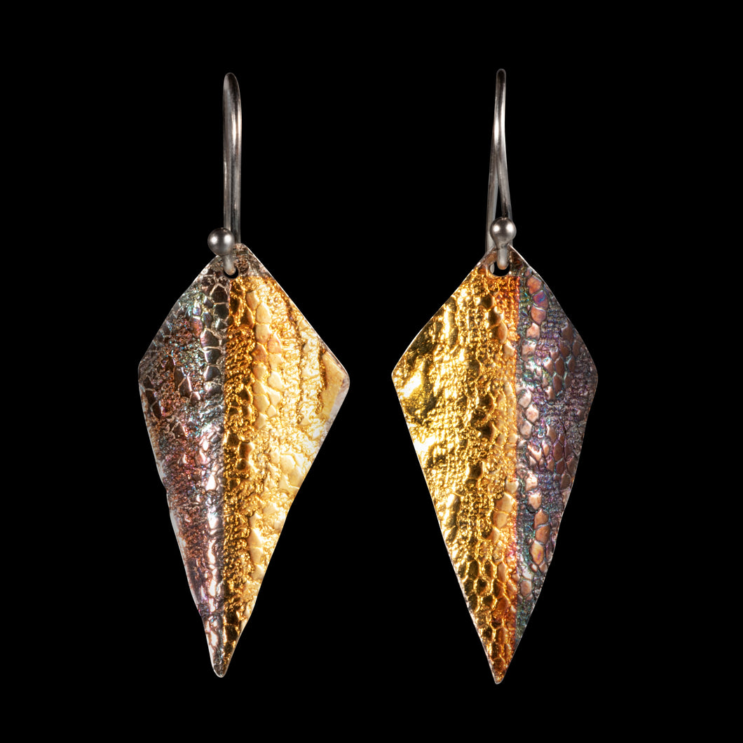 Earrings kite shaped pure textured silver/ 24K gold foil