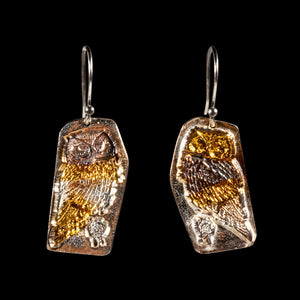 Owl earrings pure silver/ 24K gold foil