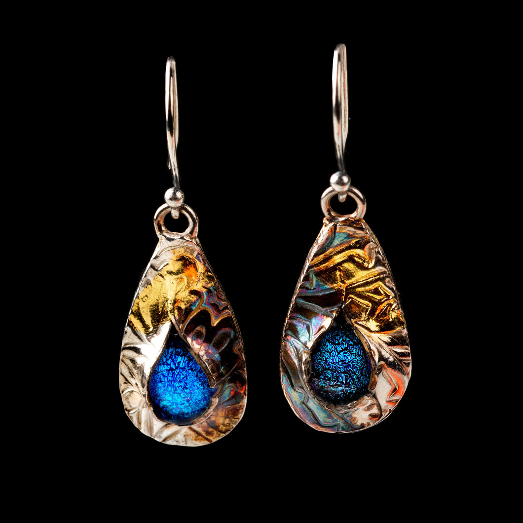 Blue dichroic glass earrings with pure silver/ 24K Gold foil