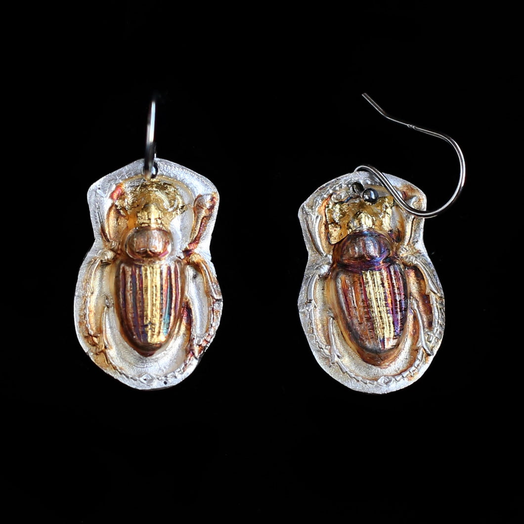Egyptian Scarab Earrings Pure Silver and 24k Gold
