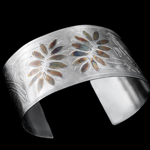 Etched sterling silver floral pattern cuff/ patina