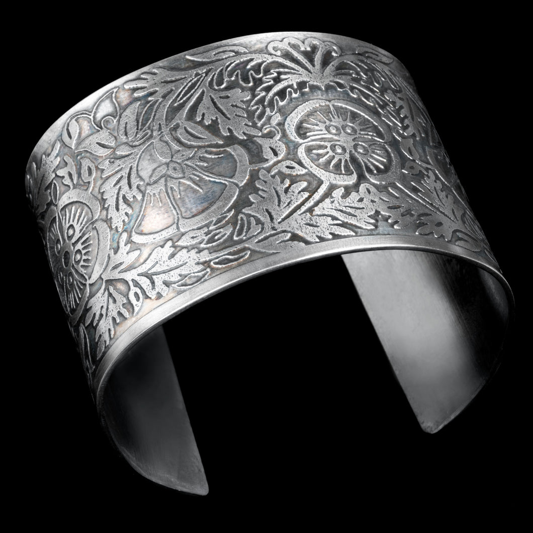 Etched sterling silver cuff floral pattern