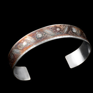 Etched sterling silver narrow cuff/ patina