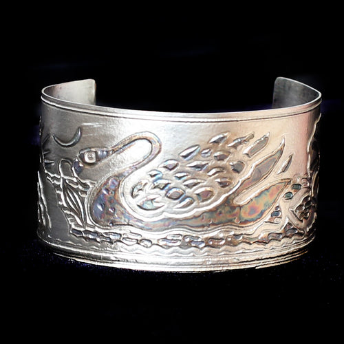 Etched Sterling Silver Swan Lake Cuff