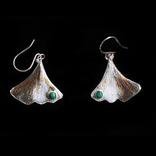 Ginkgo Leaf Earrings With Malachite - HIMANI SILVER JEWELRY