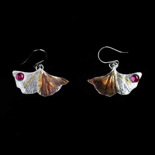 Ginkgo Leaf Earrings With  Ruby like Garnet - HIMANI SILVER JEWELRY