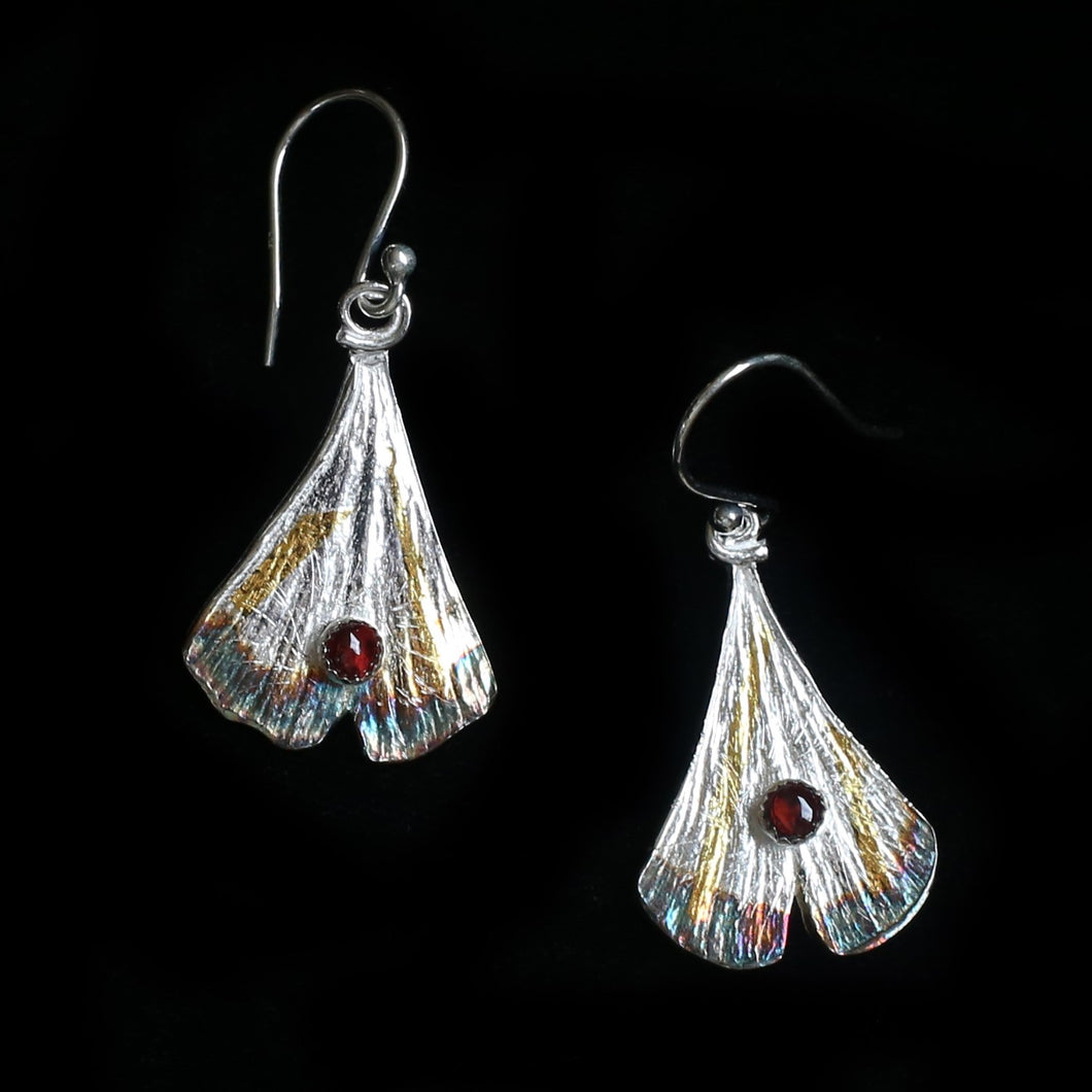 pure silver gingko leaf earrings with red garnet 24k gold foil patina