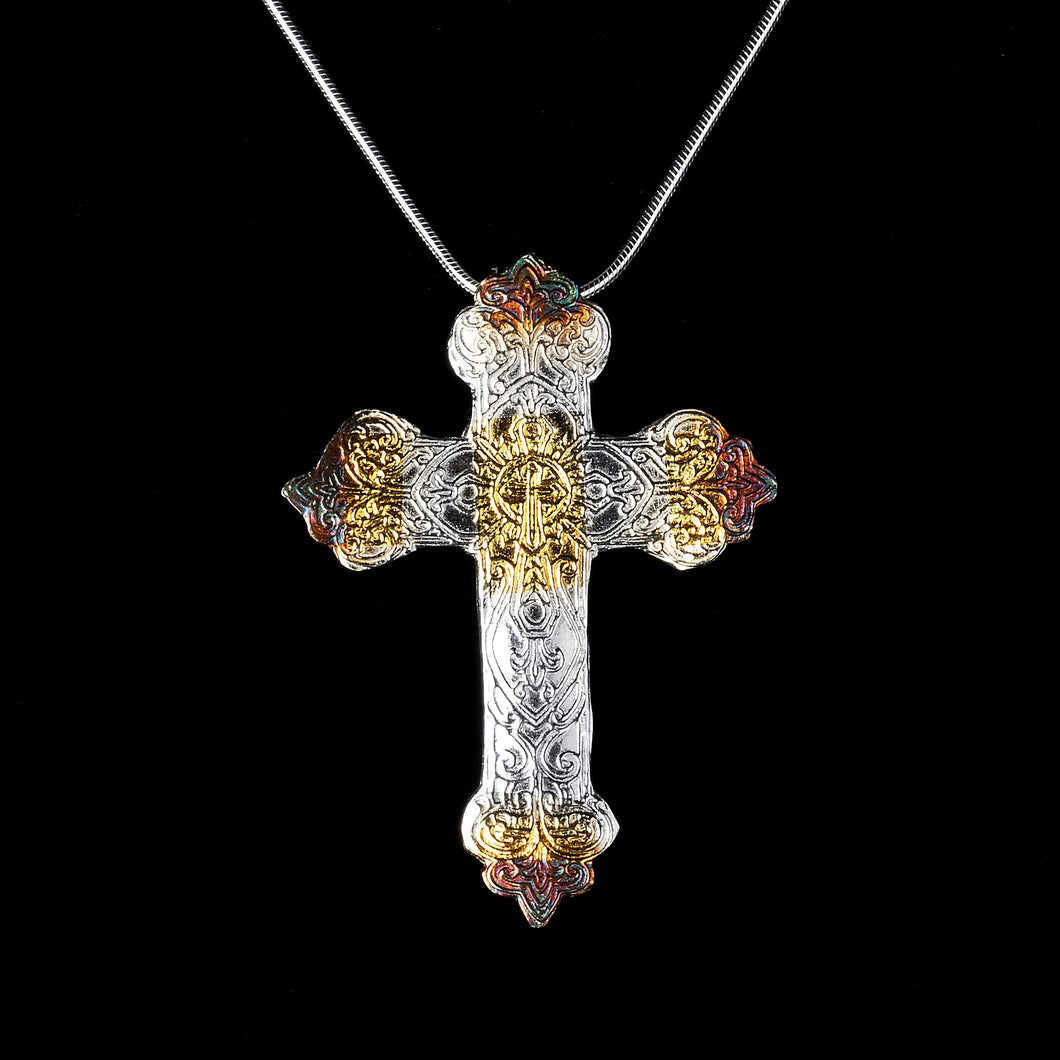 Byzantine Cross Pendant Pure Silver With 24K Gold Foil