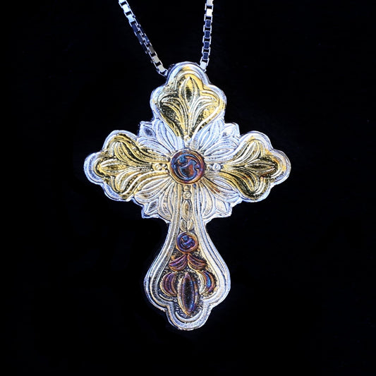 Fleur de Lis Cross Pendant Pure Silver with 24K Gold Foil - HIMANI SILVER JEWELRY