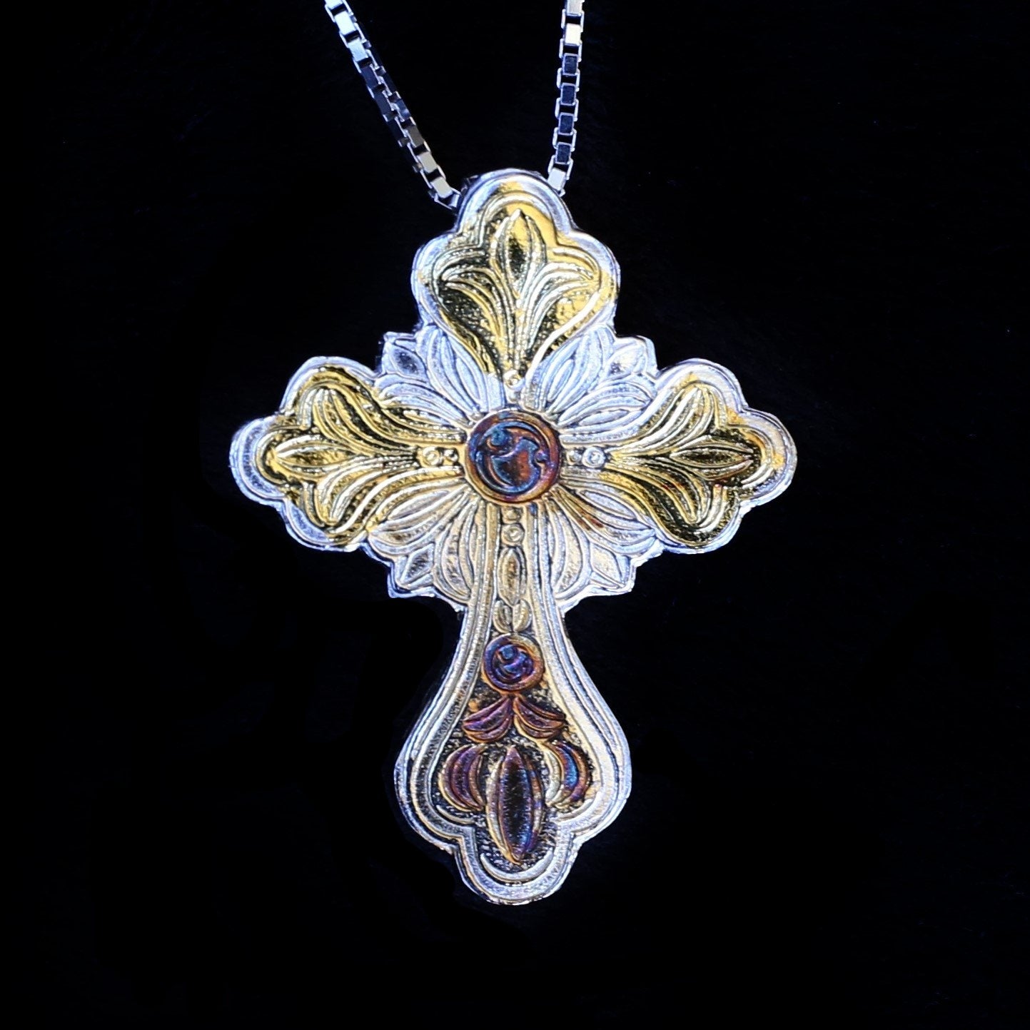 Fleur de Lis Cross Pendant Pure Silver with 24K Gold Foil - HIMANI SILVER JEWELRY