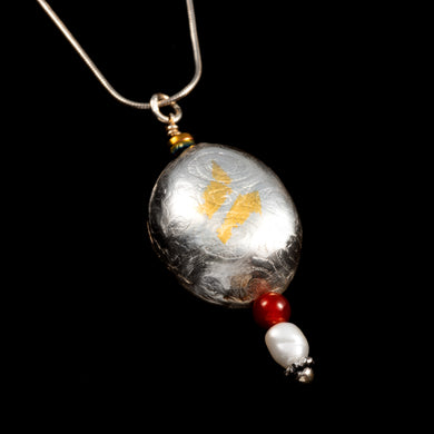 Pillow Bead Pendant With Carnelian And Pearl 2 Sided