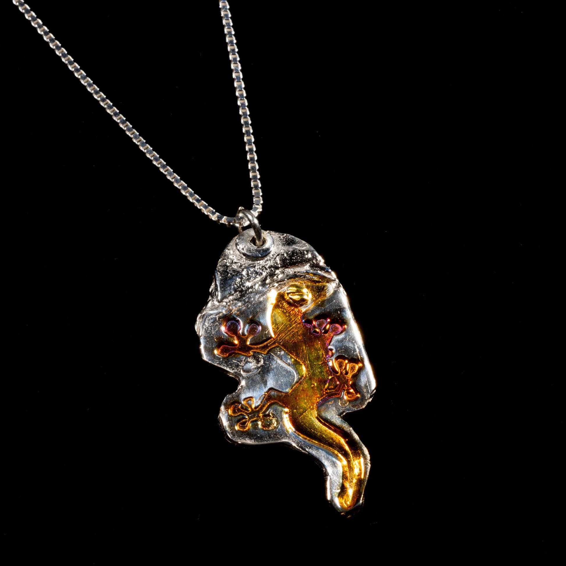 Salamander pendant pure silver/ 24K Gold foil