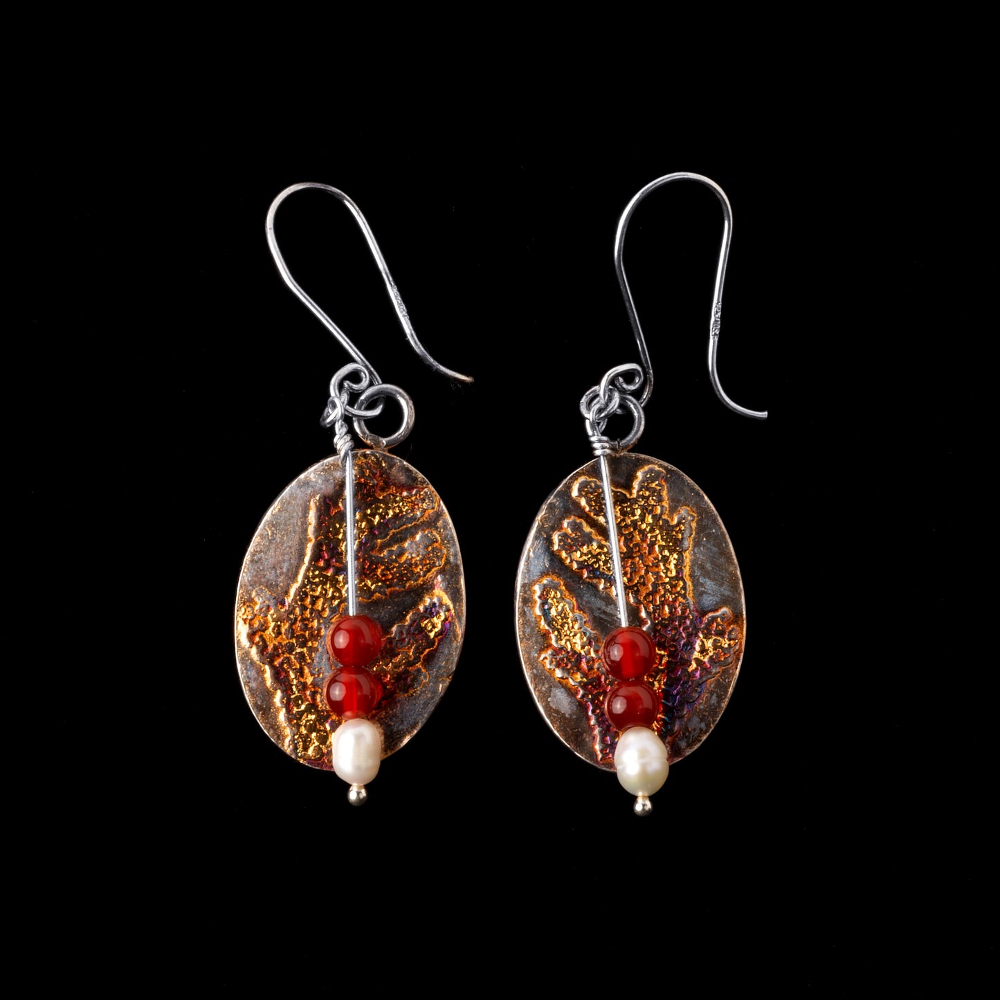 Coral Pattern Textured Earrings with Pearl and Carnelian Beads - HIMANI SILVER JEWELRY