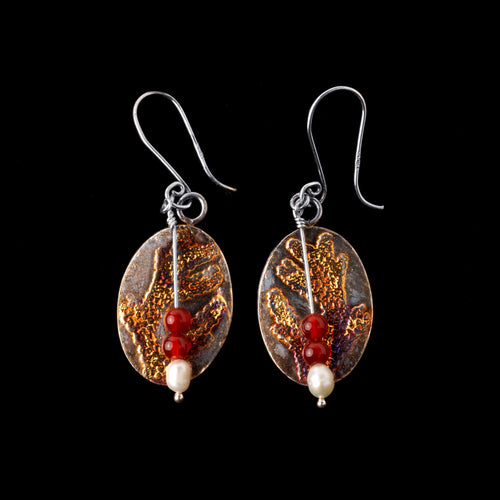 Coral Pattern Textured Earrings with Pearl and Carnelian Beads