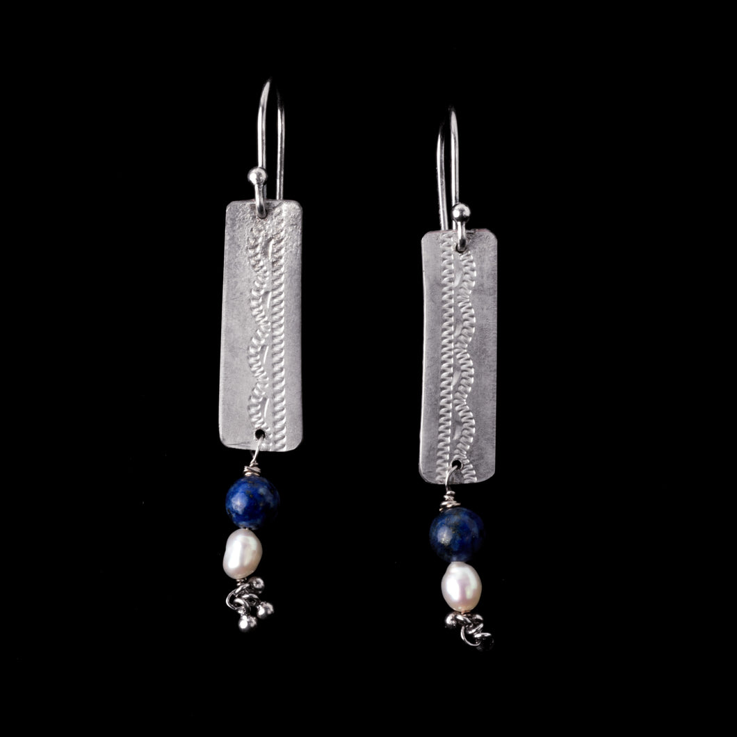 Engraved Silver Earrings with Lapis and Pearl Dangles