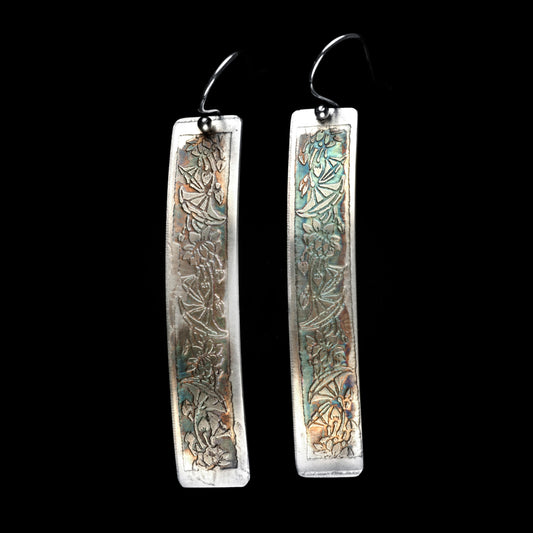 Etched Floral sterling silver curved Earrings - HIMANI SILVER JEWELRY