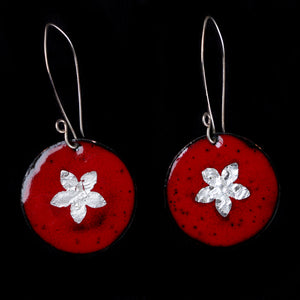 Earrings Red Enamel With Silver Foil Flower
