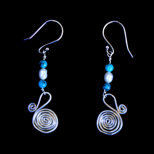 Earrings Egyptian coil, Turquoise And pearl - HIMANI SILVER JEWELRY